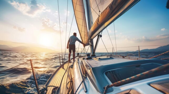 Sailor maneuvering a sailboat on open water