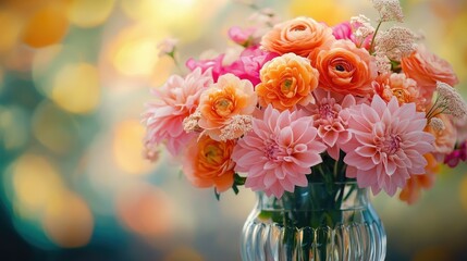 A glass vase filled with pink and orange flowers, with soft lighting highlighting the vibrant colors and intricate details of the petals