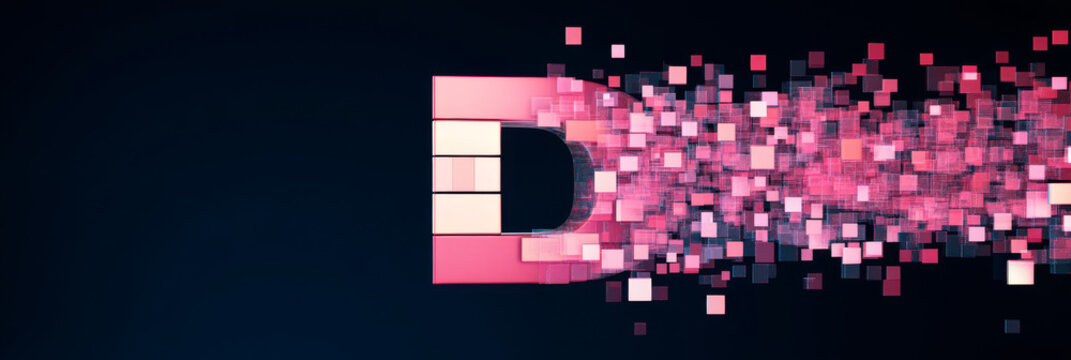 Abstract 3D rendering of a pink letter D with a pixelated effect.