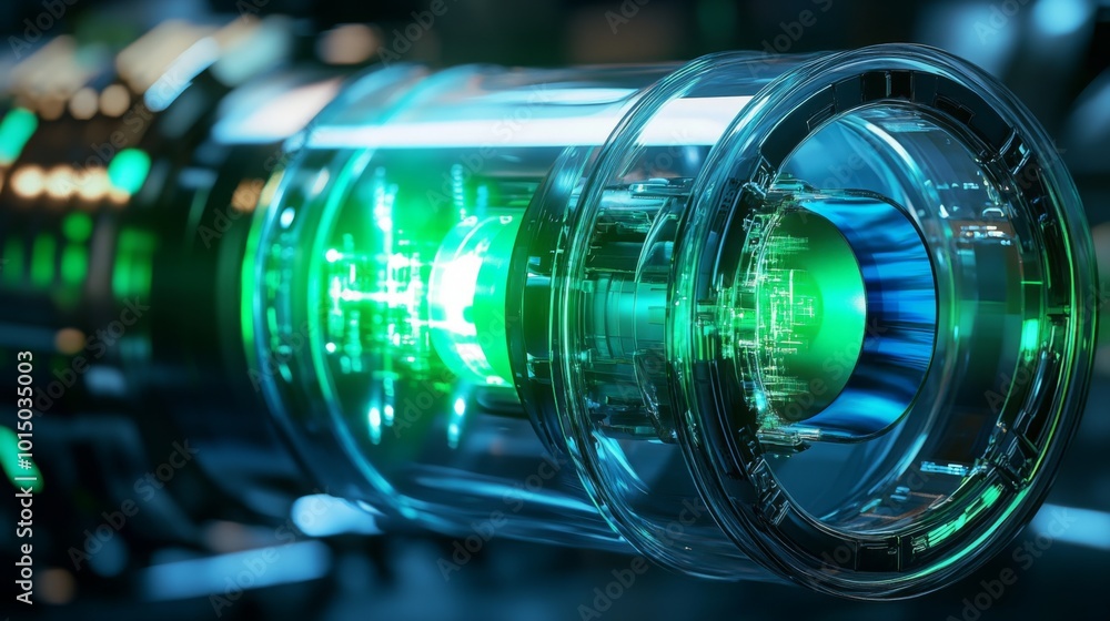 Poster A vibrant green energy core is encapsulated in a transparent casing, illuminating a high-tech laboratory with its glow. The intricate details of the core suggest advanced engineering and innovation.
