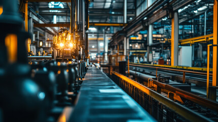 Industrial manufacturing line in a warehouse during nighttime showcasing machinery and glowing lights