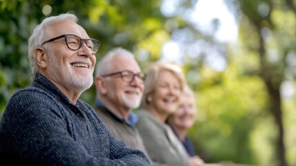 Fototapeta premium Group of seniors enjoying time together outdoors, smiling and socializing in a natural setting.