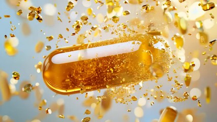 Close up of levitating yellow vitamin D3 or Omega 3 capsule and disintegrating shell close up
 - Powered by Adobe