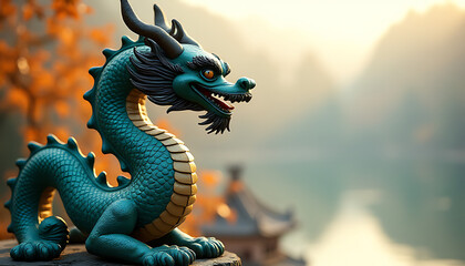 Obraz premium Artistic dragon statue placed against a serene backdrop, capturing the elegance and power of traditional Chinese art._00001_