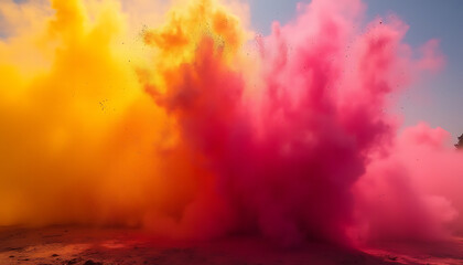 Naklejka premium Bold explosion of vibrant holi powders in mid-air, celebrating the colorful Hindu festival with joy and enthusiasm._00001_