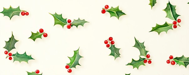 Festive holly leaves and red berries scattered on a light background, creating a vibrant and seasonal holiday decoration pattern.