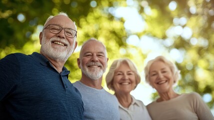 Fototapeta premium Happy seniors enjoying a sunny day outdoors, smiling and standing together in a park.