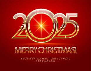 Vector stylish Wish Card Merry Christmas 2025! Elegant Gold and Red Font. Digital Alphabet Letters and Numbers set