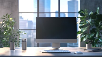 A computer on a desk office work room in a office room with a large window image art harmony.