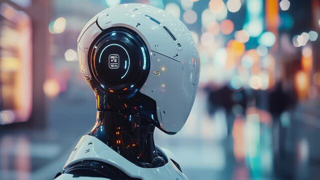 Close up portrait of a white cyborg or robot against the background of a night street and night city traffic in the background
