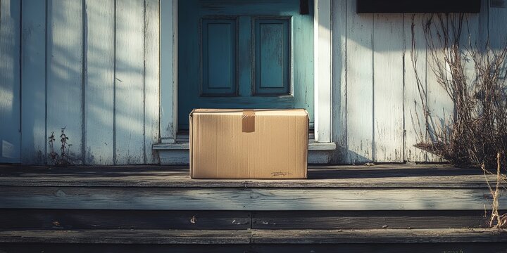 A cardboard box rests on a wooden porch step, inviting curiosity on a sunny day.