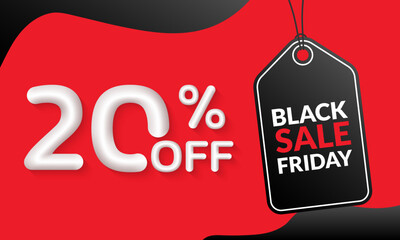 20 percent price off. Black Friday sale banner with hanging price tag. Discount banner, label, flyer design. Promo and marketing poster template. Vector illustration.