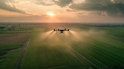 a menacing industrial drone hovers over paddy field