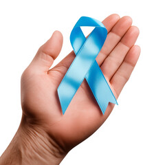 A hand holding a blue ribbon that says "Blue November"