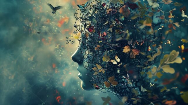 Abstract representation of the human mind trapped in a cage of illusions and doubts