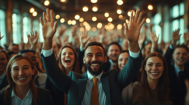 Diverse group of enthusiastic professionals celebrating success at a corporate event in a spacious urban venue