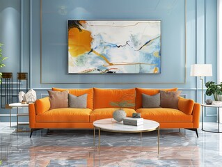 Modern Living Room Interior Design with Orange Sofa and Abstract Painting