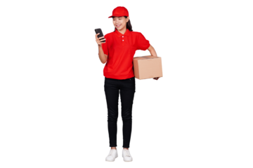 Smiling asian delivery courier woman using handphone while holding boxed package isolated transparent