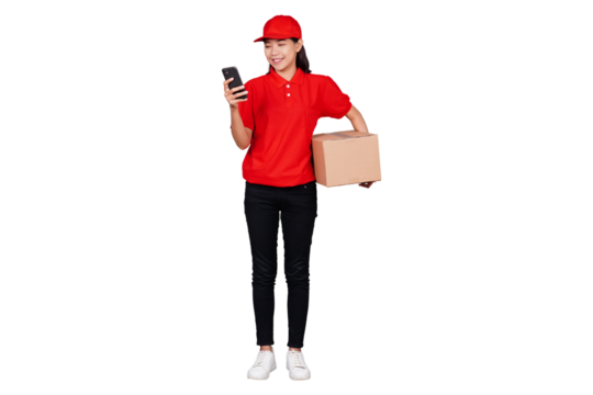 Smiling asian delivery courier woman using handphone while holding boxed package isolated transparent