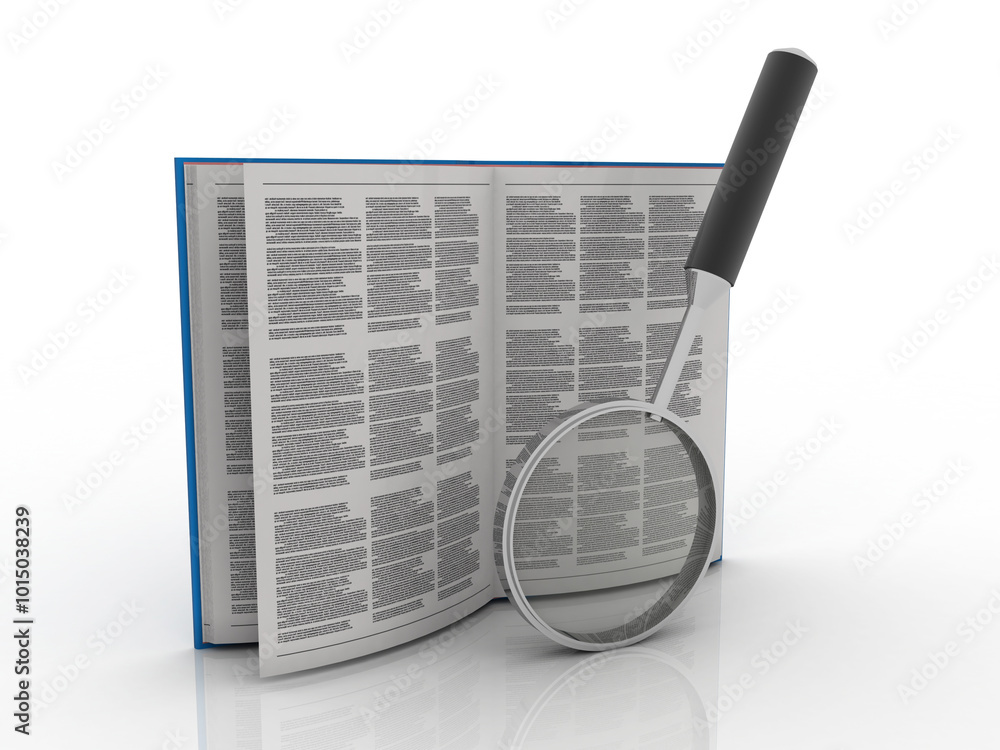 Poster 3d rendering stack of books with magnifier