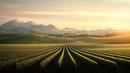 Vast vineyard fields with rolling hills and mountains during sunset.