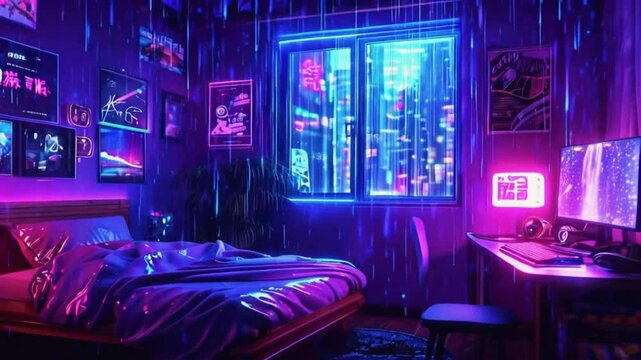 Animated virtual backgrounds, cozy lo-fi dimly hotel room in a high-tech city with neon signs outside window vtuber asset twitch overlay zoom OBS, anime chill hip hop. Cyan purple colours manga style