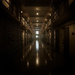 Obraz premium Prison corridor interior with rows of cells and locked doors illuminated by ceiling lights,