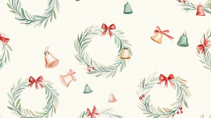 Seamless Christmas pattern with watercolor wreaths and bells, featuring red bows and holly, perfect for holiday designs and festive decor.