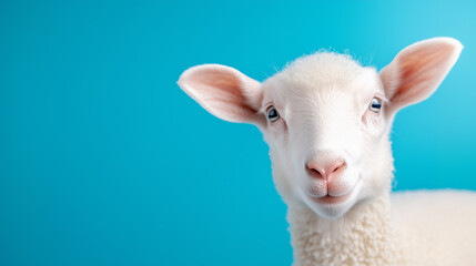 Obraz premium A curious lamb with bright blue background looking directly at the camera during daytime
