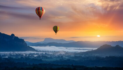 Fototapeta premium beautiful inspirational landscape with hot air balloon flying in the sky, travel destination