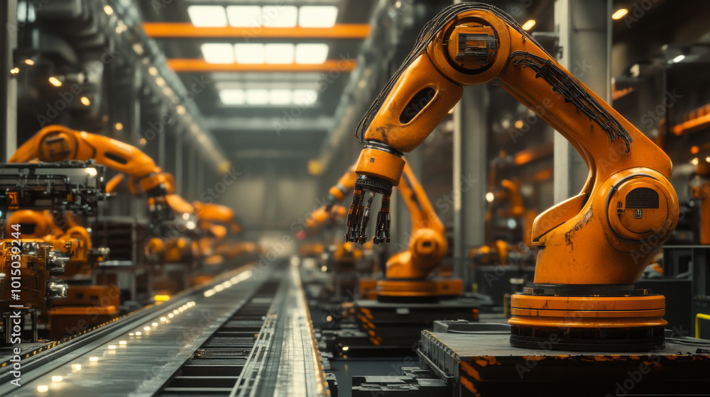 Aufkleber industrial automation with robotic arms working in a modern assembly line during daylight hours in a