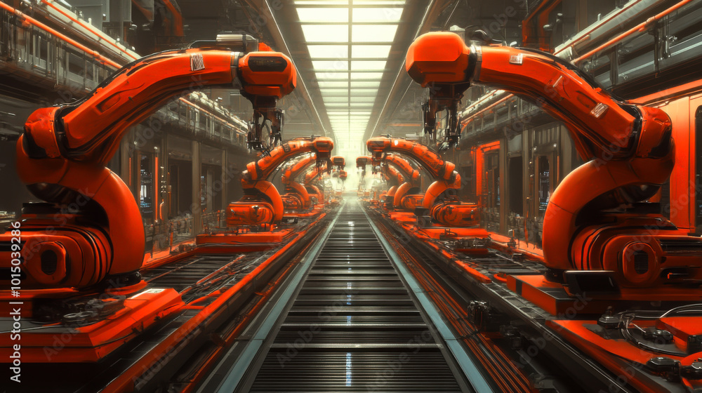 Aufkleber industrial automation with robotic arms working in a modern assembly line during daylight hours in a