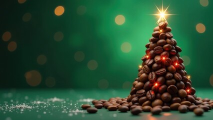 New year tree made of coffee beans on green bzckground