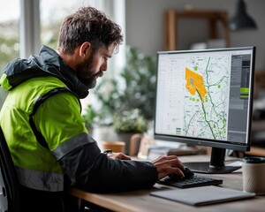 Engineer reviewing flood risk assessment maps on a computer, highlighting flood zones, Flood risk mapping, Floodplain management