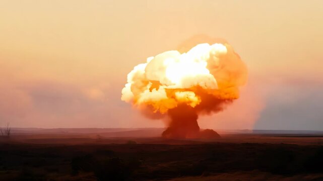 Shot of an atomic bomb explosion in open space with a huge mushroom cloud
