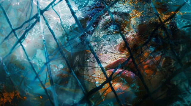 Abstract representation of the human mind captured in a cage of illusions and doubts