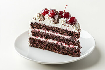 A delicious black forest cake with a thick layer of vanilla cream, fresh berries and drizzled with chocolate goodness. Placed on a white plate.
