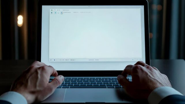 Businessman typing something on a laptop, close view of hands in front of a white screen with space for text or inscriptions
