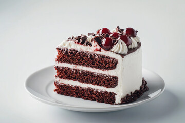 A delicious black forest cake with a thick layer of vanilla cream, fresh berries and drizzled with chocolate goodness. Placed on a white plate.