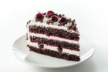 A delicious black forest cake with a thick layer of vanilla cream, fresh berries and drizzled with chocolate goodness. Placed on a white plate.