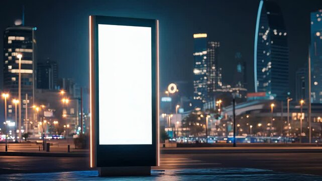 Vertical mockup of a billboard or advertising screen with a white blank screen and space for advertising in the city center against the background of illuminated buildings and car traffic streets