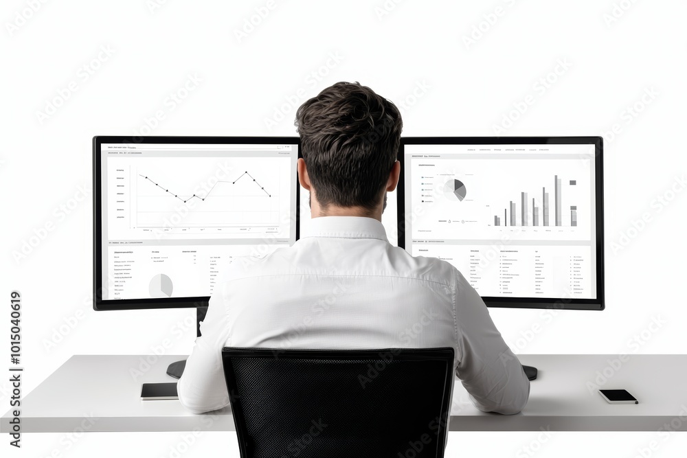 Poster a professional analyzing data on dual monitors in a modern office environment.