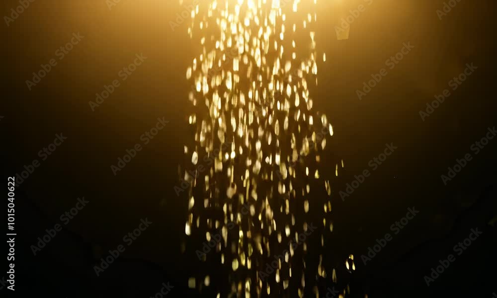 Poster a stream of golden particles falls through a beam of light creating a magical and ethereal effect.