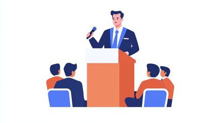 A professional speaker addressing an audience at a conference. Engaging presentation with attentive listeners.