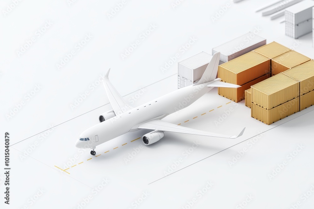 Poster airplane on runway with cargo boxes. white isolated background emphasizing aircraft and logistics.