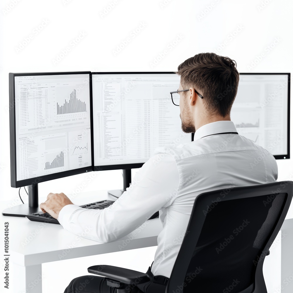Poster business professional analyzing data on multiple monitors in a modern office setting.