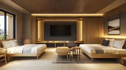 Modern minimalist hotel room featuring twin beds with natural wood accents and cozy seating area in a tranquil setting