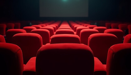 Fototapeta premium Luxurious cinema with plush red seats, the soft light of the screen creating a serene, ambient atmosphere._00001_