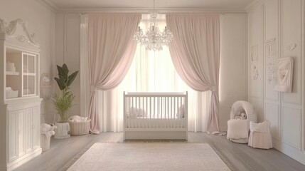 Elegant Nursery Interior with White Crib, Plush Rug and Chandelier 3d animation
