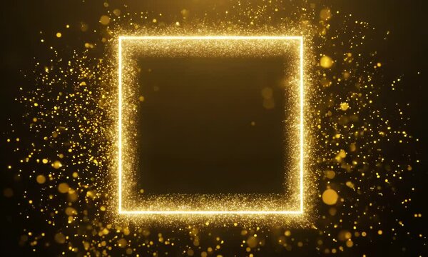 Christmas Golden square rectangle frame Portal with glowing golden sparkles and glitter particles on black background with golden bokeh, VFX